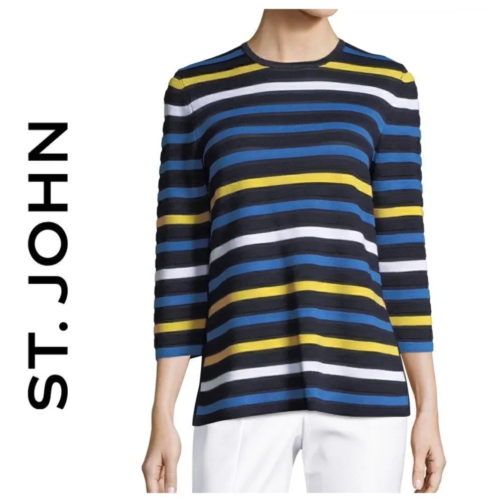 St. John Blue and Yellow Striped Knit Side Slit Sweater - L‎